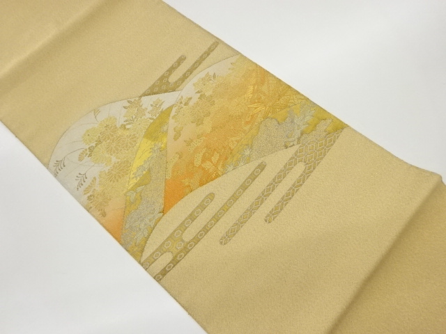 リサイクル　山並み・ヱ霞に秋草模様織出し袋帯